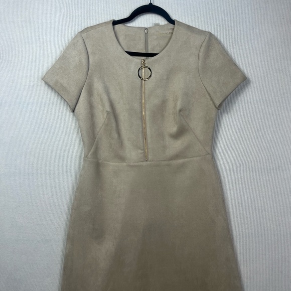 Calvin Klein Size 10 Faux Suede Sheath Dress Front Zipper Logo Pull Short Sleeve - Picture 2 of 12